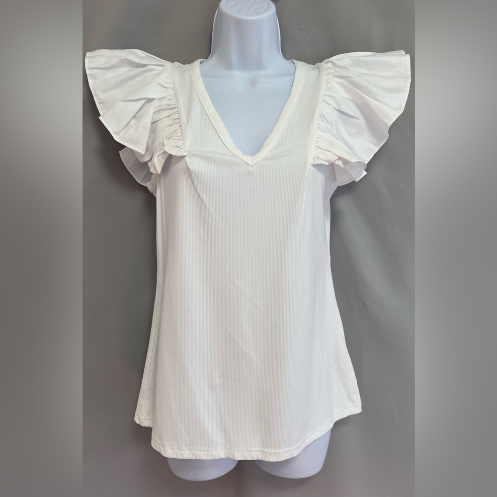 Philosophy Women's Ruffle Sleeve V-Neck Mixed Media‎ Knit Top Sz Medium NWT